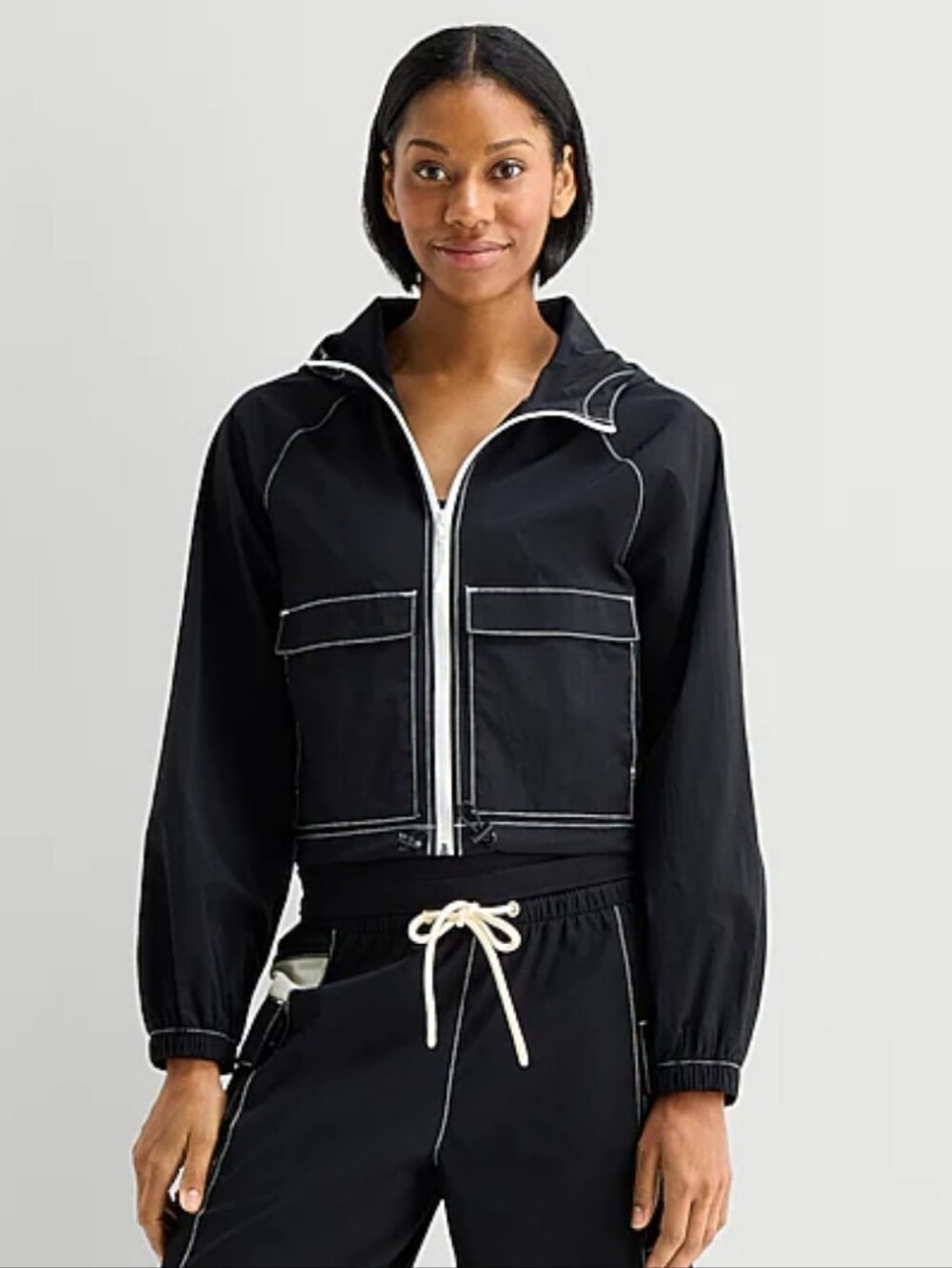 Xersion Black Cropped Utility Jacket with White Stitching